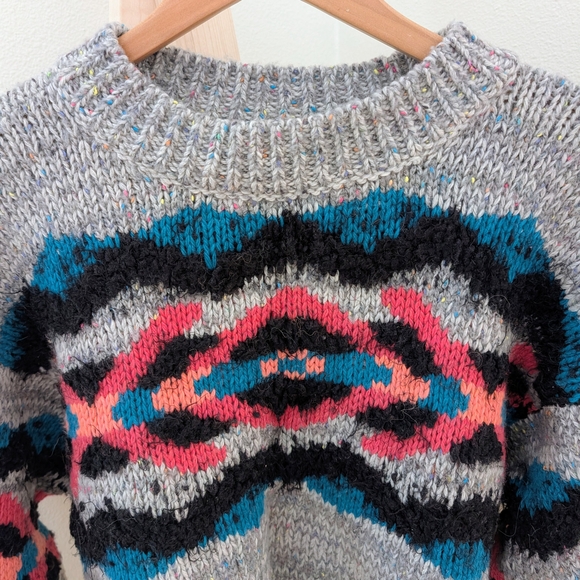 Free People I Heart You Aztec Patterned Wool Blend Sweater In Gray/Pink - Picture 6 of 10